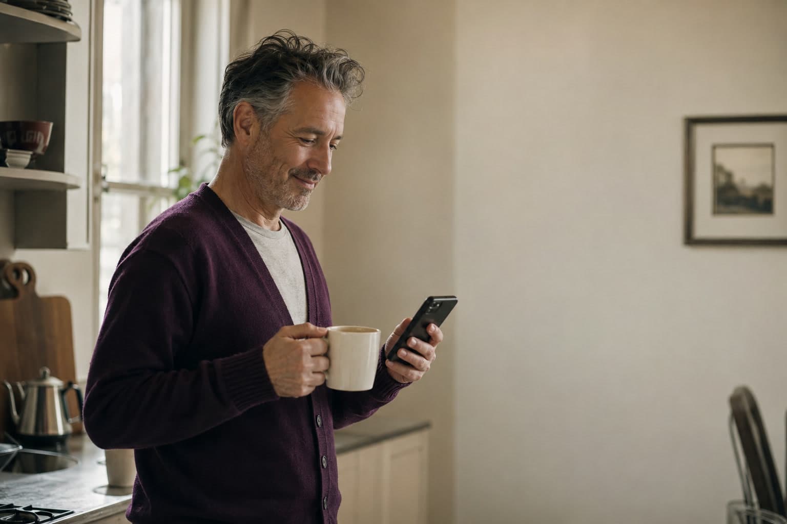 A person in a kitchen holds a coffee mug while reading a phone screen and smiling at what it shows.