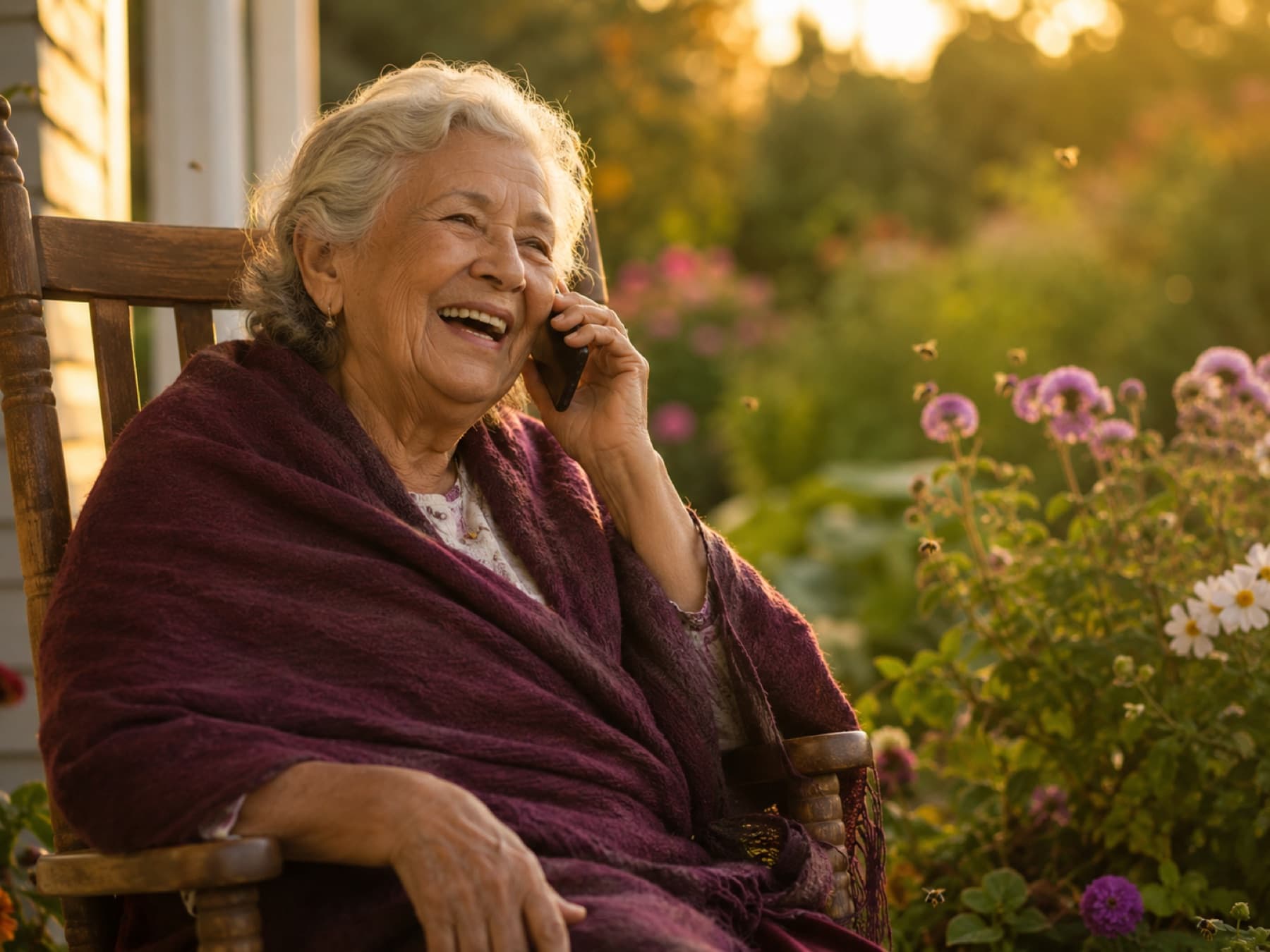 A person sits on a garden bench in golden-hour light, phone held to their ear, mid-laugh.